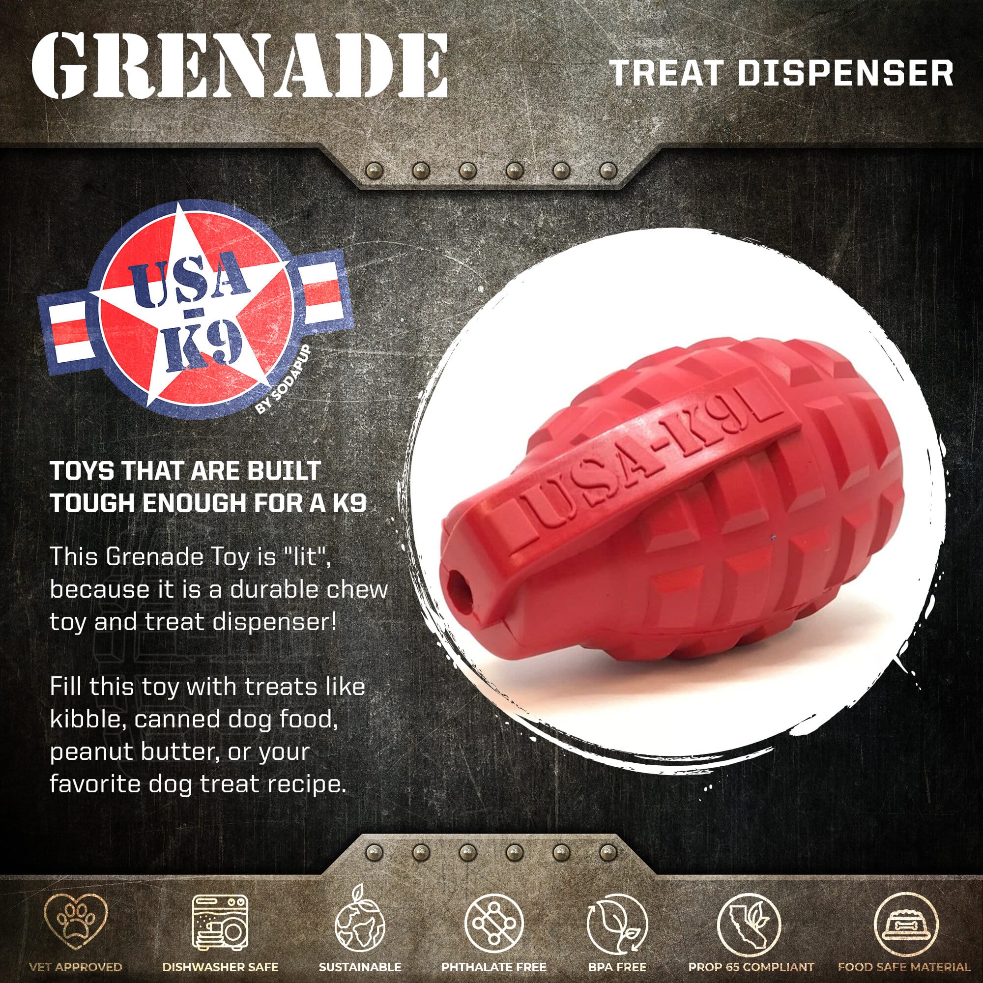 USA-K9 Grenade Rubber Dog Chew Toy | K9 Handler Reward Toy | Red & Blue | USA Made