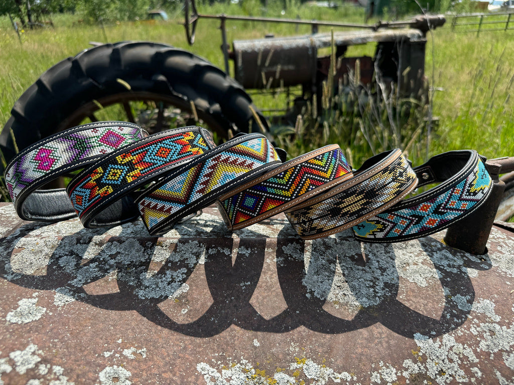 Western leather dog collar tooled and seed bead details by Double B Wild Rags