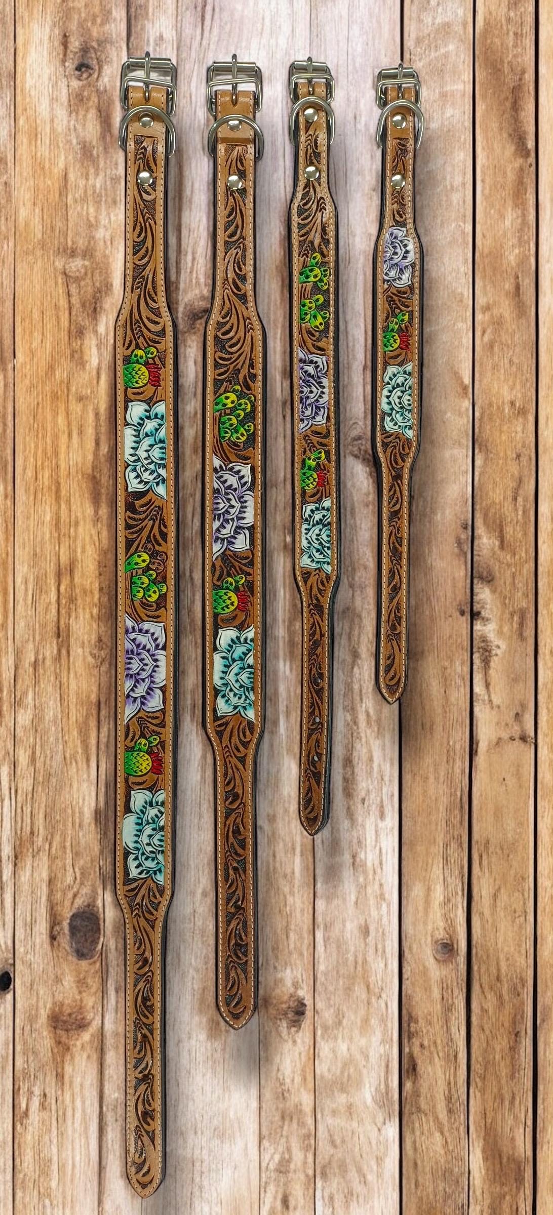Western Genuine Leather dog collar tooled details aces cards sunflower feather rhinestone cactus floral by Double B Wild Rags