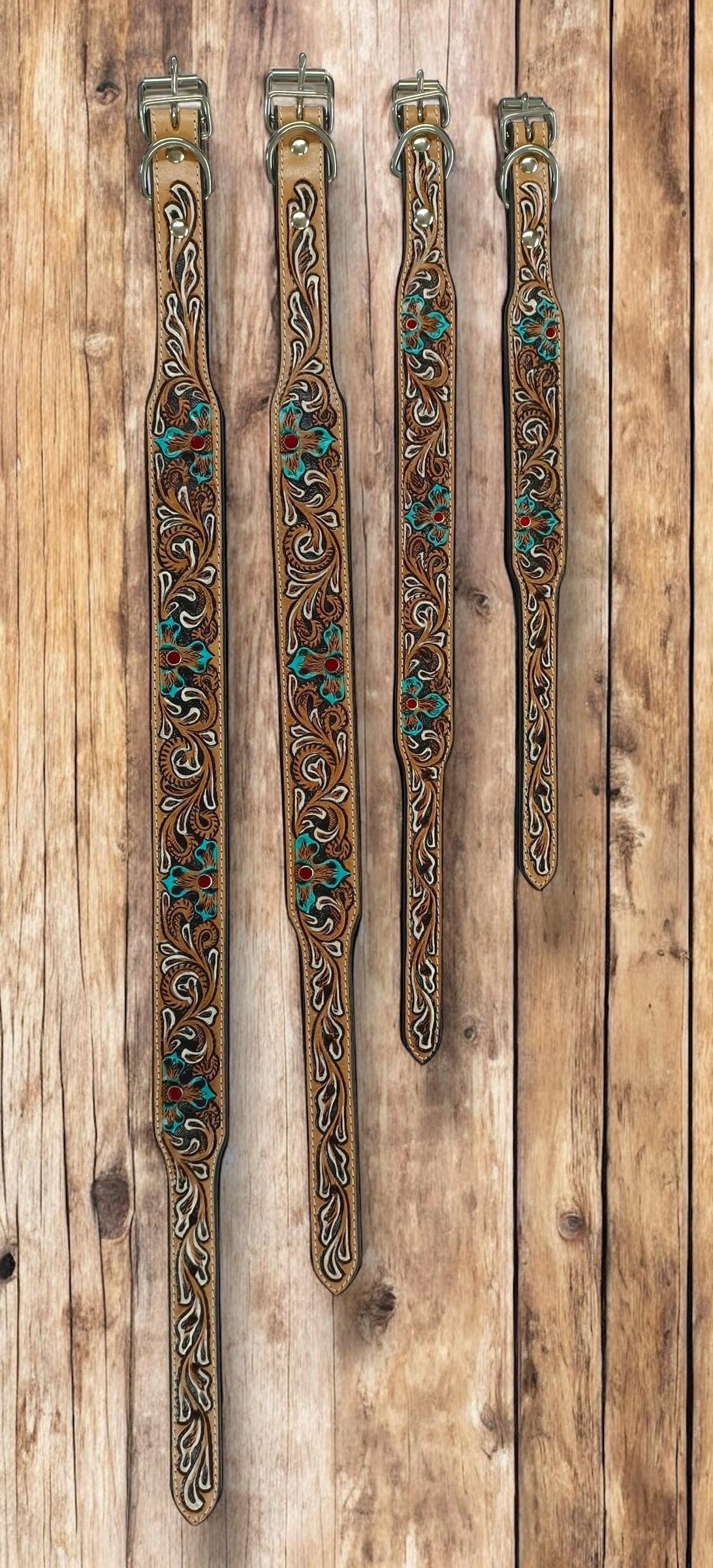 Western Genuine Leather dog collar tooled details aces cards sunflower feather rhinestone cactus floral by Double B Wild Rags