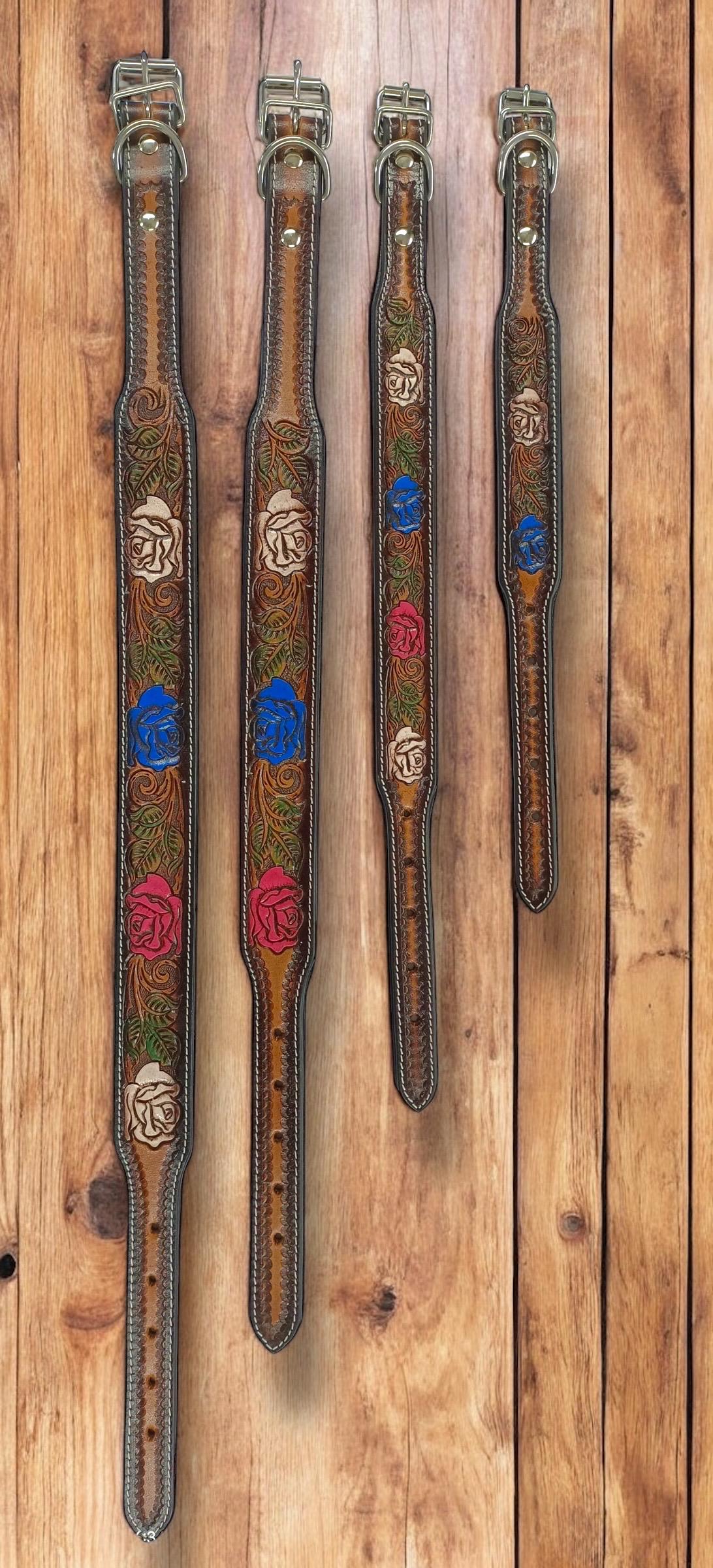 Western Genuine Leather dog collar tooled details aces cards sunflower feather rhinestone cactus floral by Double B Wild Rags