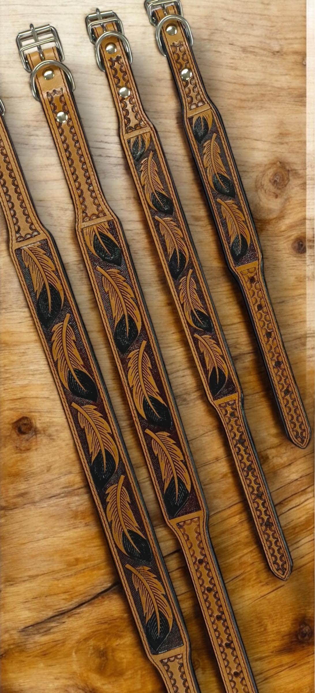 Western Genuine Leather dog collar tooled details aces cards sunflower feather rhinestone cactus floral by Double B Wild Rags