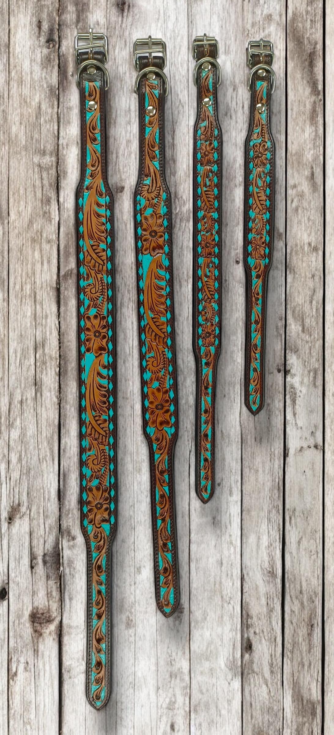 Western Genuine Leather dog collar tooled details aces cards sunflower feather rhinestone cactus floral by Double B Wild Rags