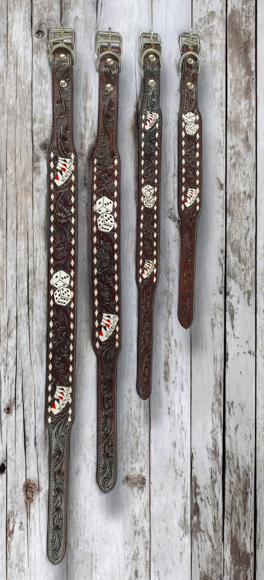 Western Genuine Leather dog collar tooled details aces cards sunflower feather rhinestone cactus floral by Double B Wild Rags